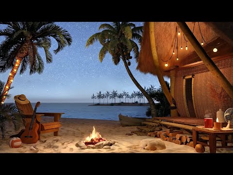 Summer Night Ambience with Cozy Campfire on Beach House Porch, Crickets & Ocean Sounds for Sleep
