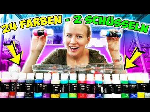 SLIME HERAUSFORDERUNG Kaan stellt Kathi knifflige Aufgabe! 2x Slime aus 24 Farben mischen! Challenge