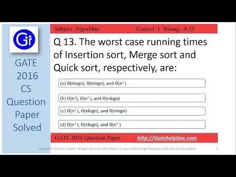 GATE 2016 CS Q13 - The worst case running times of Insertion sort, Merge sort and Quick sort