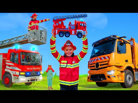 The Kids Play with a Real Fire Truck, Tractor & Garbage Trucks