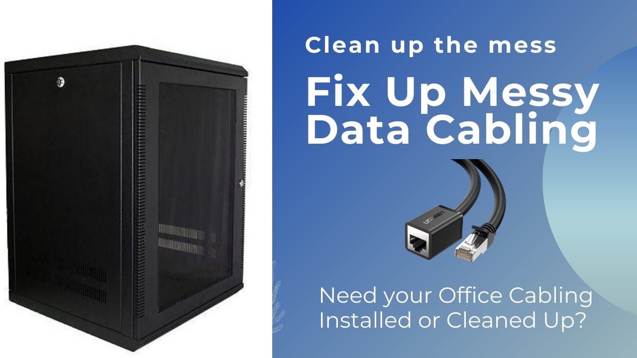 SECURE A COM technician replacing a messy cable run with a structured Cat6 network and new communications cabinet at a Sydney factory