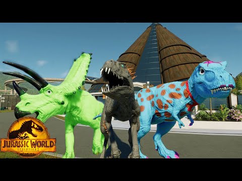 Jurassic World Evolution 2 T-Rex Colors Pack vs Indoraptor vs Scorpios Rex Dinosaurs Fight