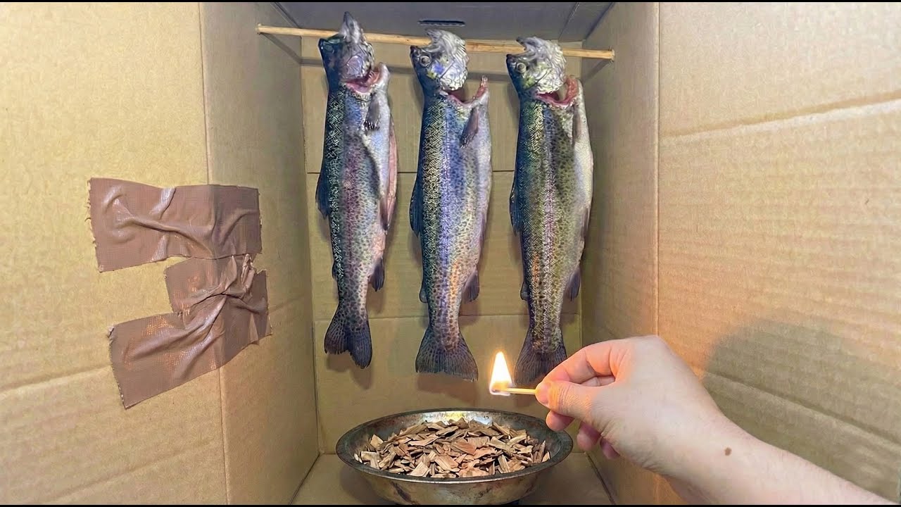 ダンボールでニジマスの燻製作る