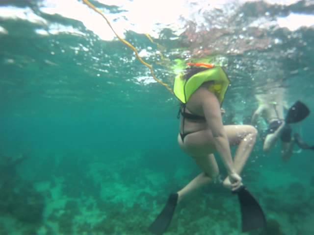 Chic in thong snorkeling in Jamaica
