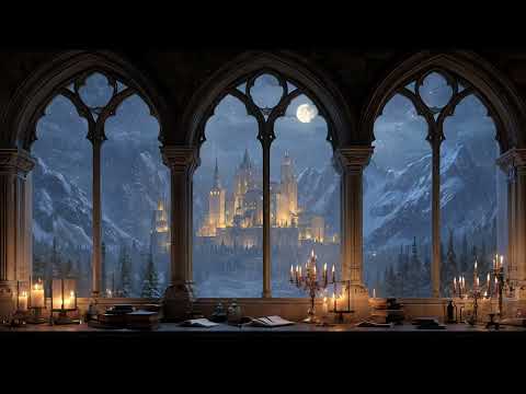 Medieval Castle Winter Window View ❄ Quiet Snow & Relaxing Fantasy Music for Sleep, Study & Focus