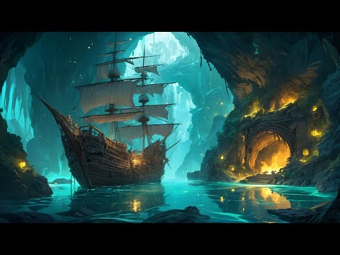 🏴‍☠️ Pirate Cave Ambience with Relaxing Music | Creaking Ship Sounds & Wave Sounds 🌊