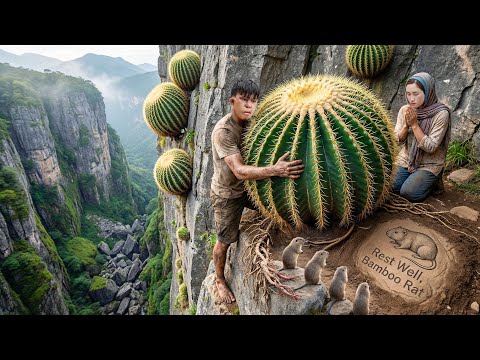 Brave Boy Risks His Life Harvesting Giant Round Cactus on Cliff | Final Farewell to Bamboo Rat