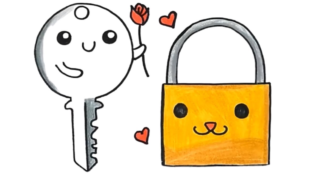 Como Desenhar um CADEADO COM CHAVE KAWAII - Desenho fofo