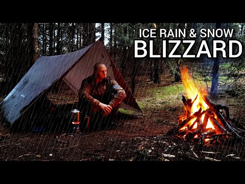 2 DAY Solo Winter Rainstorm Bushcraft Overnight - Heavy Rain, Strong Wind, Hail & Snow - Hypothermia