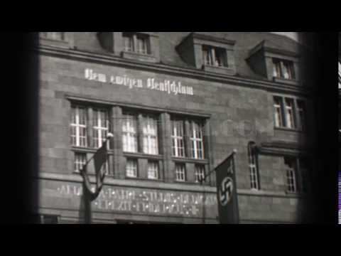 1937: Nazi banner flags on German civic state military building. BERLIN, GERMANY