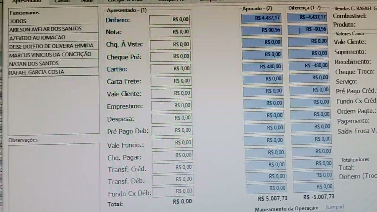 Fechamento de caixa por frentista