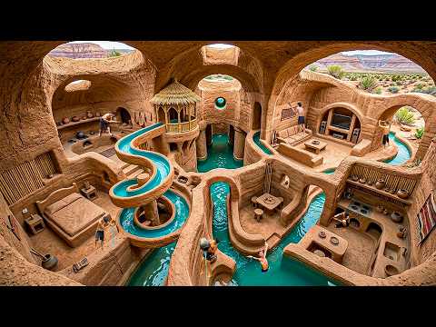 Building a 2-Story Ancient Cave Dwelling with Multi-Tier Pool Waterfall Using Primitive Tools