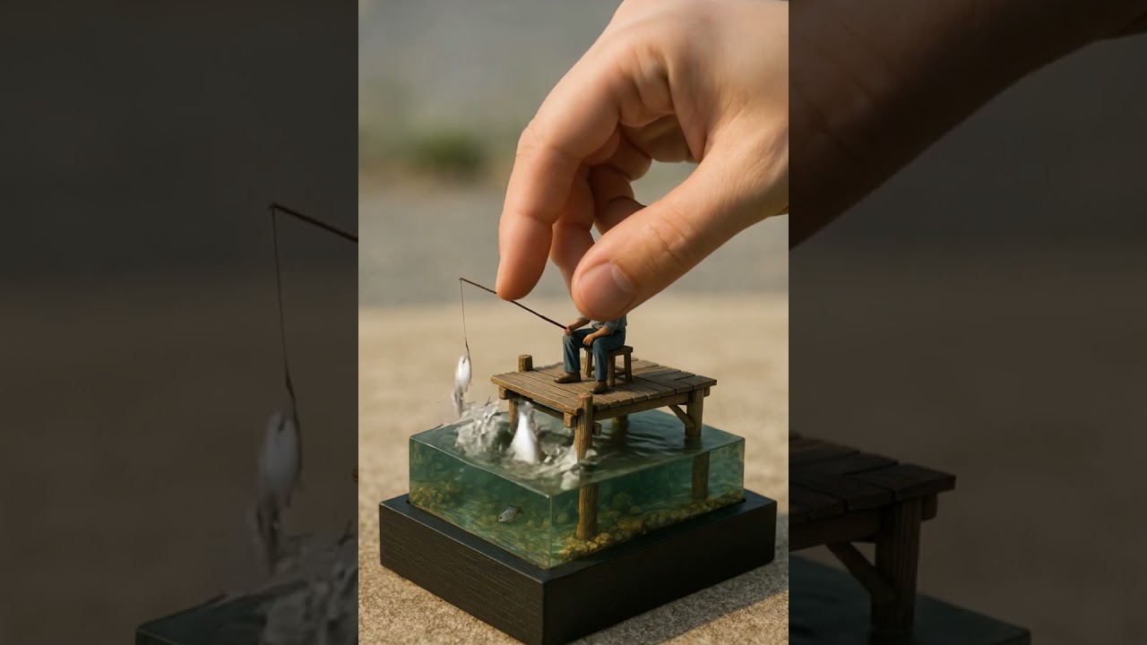 Miniature Fisherman on Pier Catching Fish #minifigurelife #miniatureart #fishingdiorama #tiny