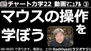 【チャート力学22動画マニュアル】第３回。マウスの操作を学ぼう。マウスの３つのボタン、クリックの操作、ダブルクリックの操作、ホイールの回転、ドラッグの操作などを学びます。マウスの操作を練習しましょう。