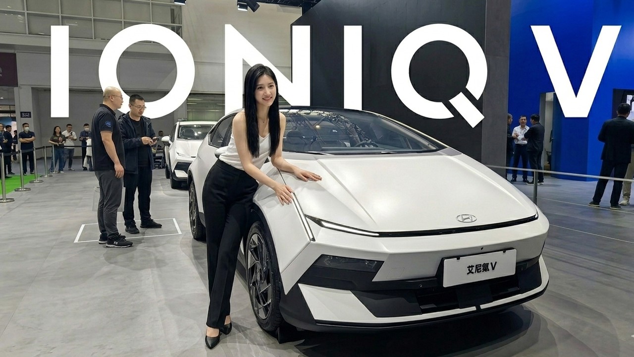 Hyundai Ioniq V electric liftback on stage at the 2026 Beijing Auto Show, showing the wedge profile and razor-thin headlights