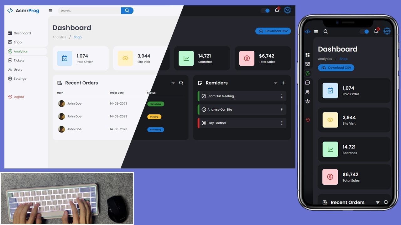 ASMR Programming - Responsive Admin Dashboard with Light & Dark Mode - No Talking