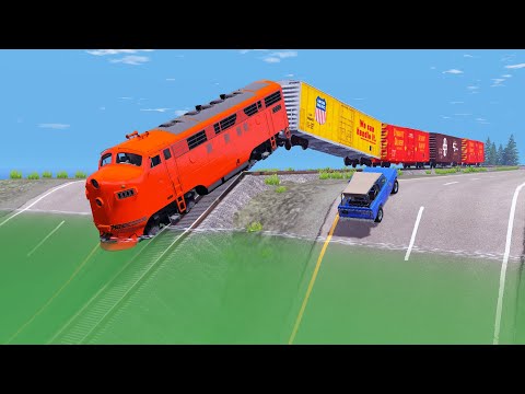 Cars and Trains vs Giant Pit - Realistic Super Train vs Police Pick-Up CUCKU - BeamNG.Drive