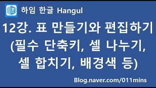 (하임 한글 12강) 표 만들기와 편집하기(단축키, 셀 나누기, 셀 합치기, 배경색, 대각선 편집 등)