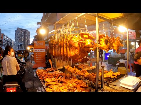 Phnom Penh Night Street Food - Grilled Ducks, Chickens, Fish & More Food at Olympic Market