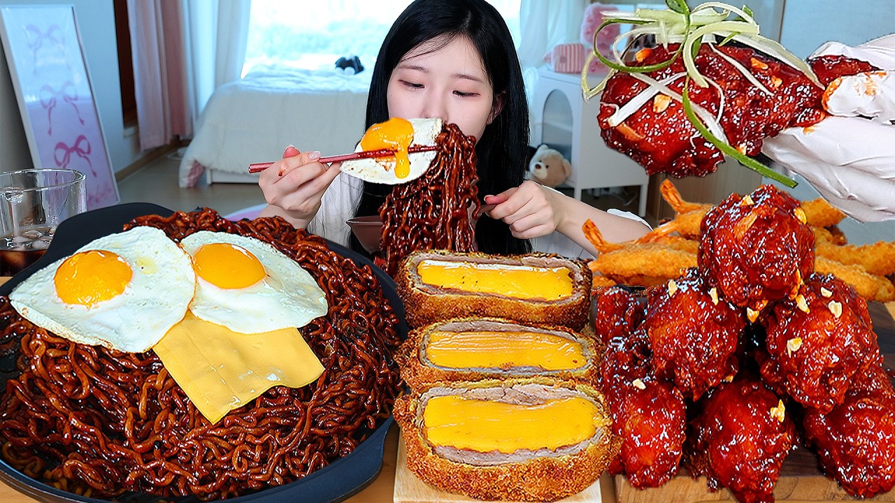 ASMR MUKBANG| 직접 만든 짜파게티 양념치킨 치즈돈까스 만두 먹방 & 레시피 FRIED CHICKEN AND BLACK BEAN NOODLES EATING