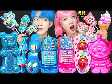 ASMR MUKBANG PINK BLUE FOOD HONEY JELLY GUMMY ICE CREAM CHOCOLATE DESSERTS MUKBANG EATING SOUNDS