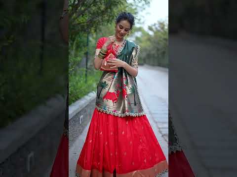 Red Paithani Jacquard Silk Lehenga Set with Zari Weaving, Embroidery & Scallop