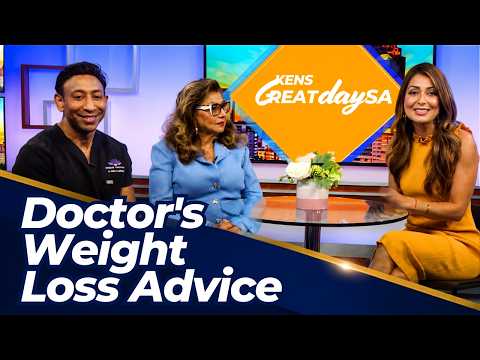 Dr. Shiv Goel discussing weight loss and aesthetic innovation with a woman, featuring before-and-after images.