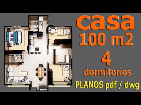 House of 100 m2. House plan with 4 bedrooms, 2 bathrooms, living room, dining room, kitchen and l...