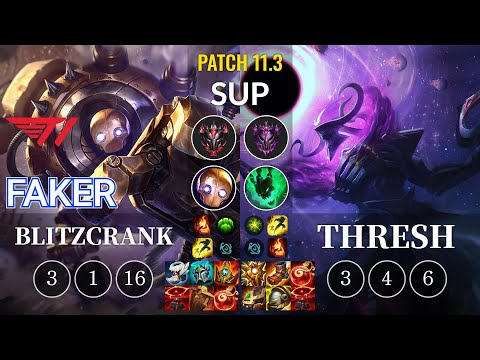 T1 Faker Blitzcrank vs Thresh Sup - KR Patch 11.3