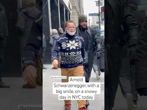 Arnold Schwarzenegger, with a big smile, on a snowy day in New York today. #newyork #nyc