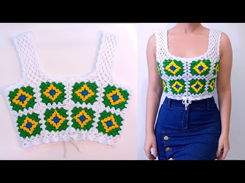 Crochet square crochet cropped easy step by step PP, S, M, L and XL