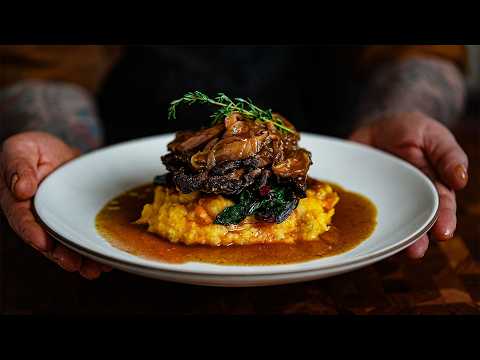 How a Professional Chef Presses Oyster Mushrooms Into Crispy, Juicy Steaks With Caramelized Onion Gravy