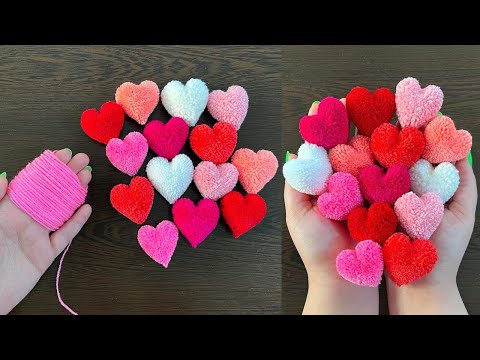 Easy Pom Pom Heart Making Idea with Fingers/Easy Valentine's Day Craft/How to Make Yarn Heart 💕