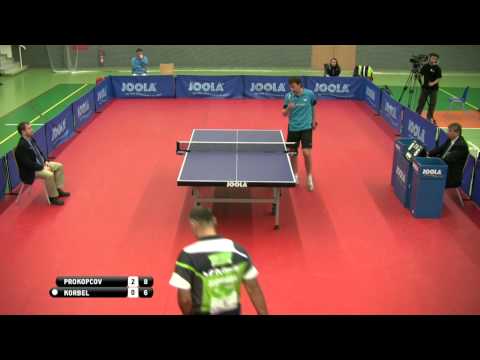 Finále dvouhry mužů Petr Korbel : Dima Prokopcov - MČR ve stolním tenise Teplice 2.3.2013