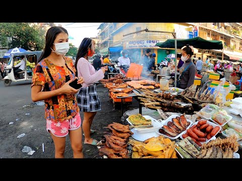 Plenty of Delicious Food at Olympic Market, Phnom Penh Street Food, Cambodia Food Market Tour