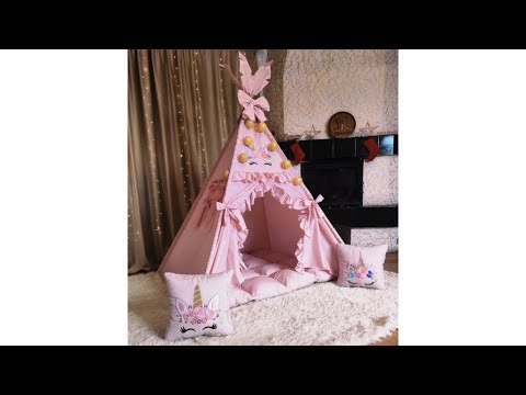 Вигвам для девочки с единорогами на пудровом фоне полный комплект детский домик для игр и отдыха - фото 1 - id-p2571263551