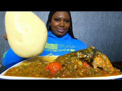 Asmr mukbang okro soup with plaintain fufu/ Nigerian food 
