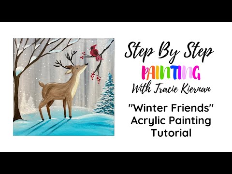 "Winter Friends" Acrylic Painting Tutorial For Beginners Deer and Cardinal In Winter Scene