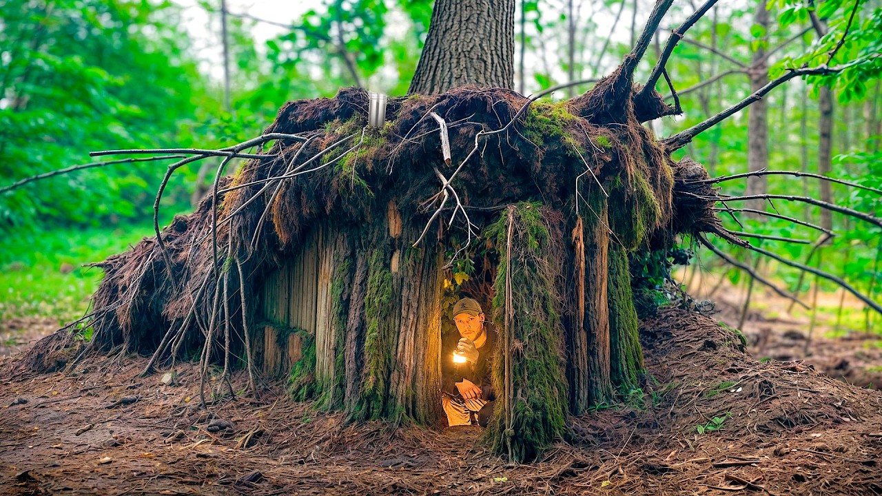 Building a Сozy Shelter Under an Oak Root. Survival, Bushcraft