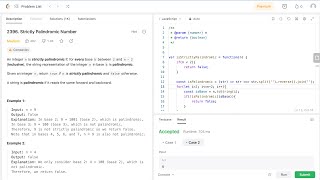 YouTube video 'Leetcode Problem 2396. Strictly Palindromic Number. Leetcode Solution 2396 Medium. Javascript'