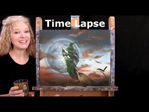 How to Draw and Paint Halloween "RIDE WITH A WITCH" - PAINTING TIME LAPSE - Acrylic Painting Lesson