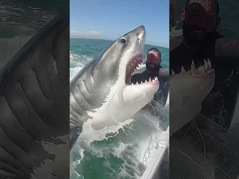 That was close! Great white shark next to the fisher handled with bare hands🦈