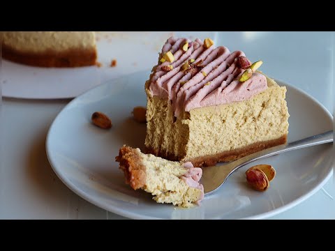 Baked pistachio cheesecake with raspberry ganache