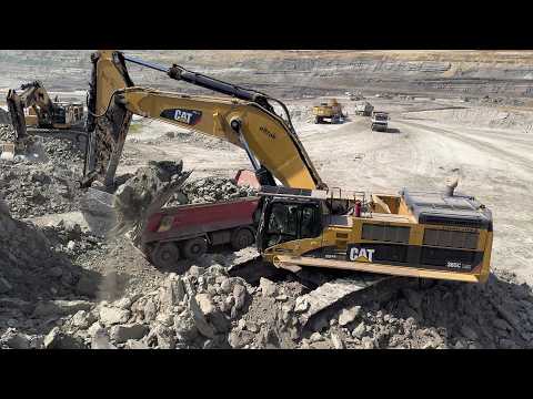 Two Cat 385C Excavators Loading Overburden On 4 Axle Trucks - Sotiriadis/Labrianidis Mining - 4k