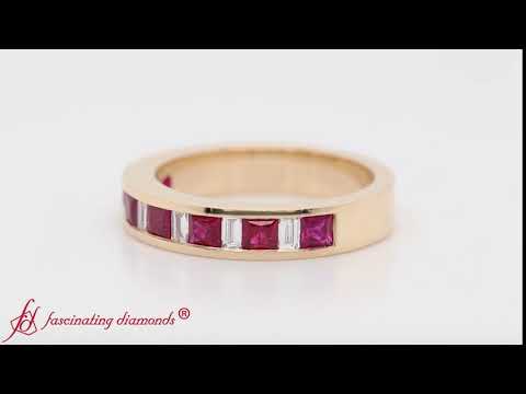 Princess Diamond And Baguette Band With Ruby In Yellow Gold-FDENS350WR
