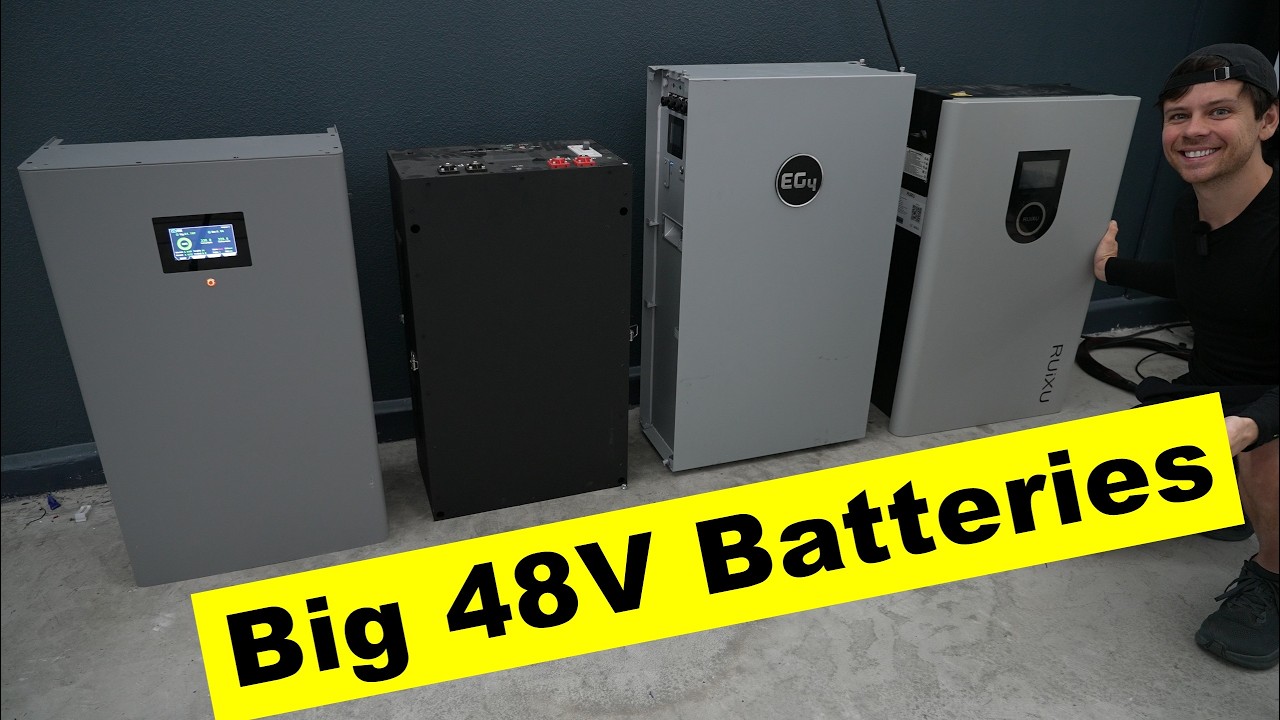 Three large 48 volt lithium home storage batteries lined up for testing