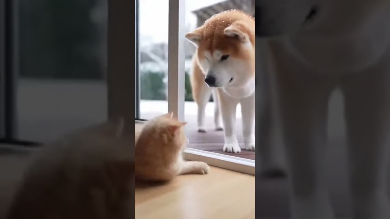 ガラス窓を挟んでマンチカンが秋田犬に威嚇していると・・・  #funnycat #猫おもしろ #おもしろ動画