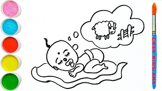 👶✨ Cute Baby Dreaming of Sheep 🐑 | Easy Drawing & Coloring for Kids