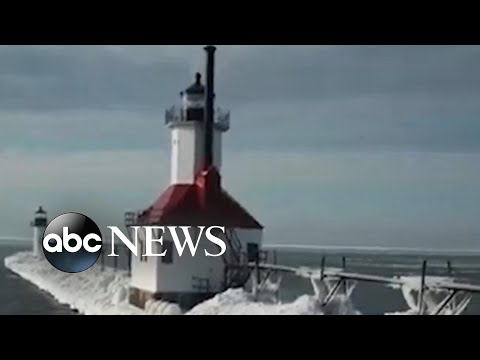 Snow coats St. Joseph lighthouses in Michigan