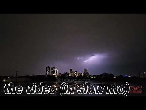 09-08-2023 Fort Worth, TX  - Lightning crawls across downtown Fort Worth skies slow mo-still shot